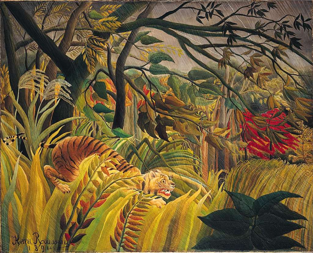 London National Gallery Top 20 18 Henri Rousseau - Tiger In A Tropical Storm Henri Rousseau - Tiger on a Tropical Storm (Surprised), 1891, 130 x 162 cm. Rousseau was a self-taught painter who was known as le Douanier (the customs officer) because he worked at a customs house and only painted in his spare time. This bold, richly colourful picture is carefully composed for dramatic effect. Windblown grasses and branches silhouette against the long streaks of lightning wriggling across the sky.